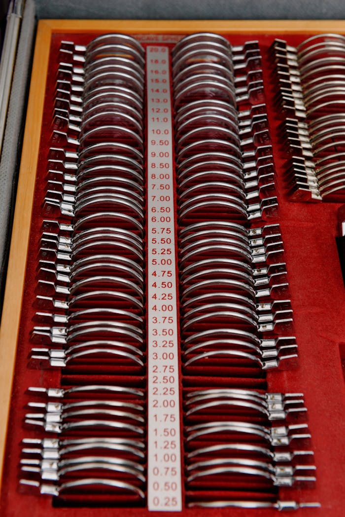 A comprehensive optometry lens set used for eye tests and vision correction.